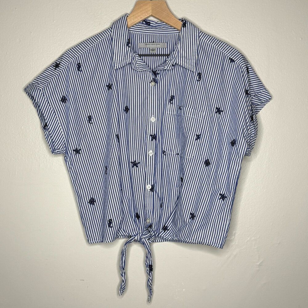 Marc New York Womens Crop Top Large Blue Striped Nautical Tie Coastal Resort